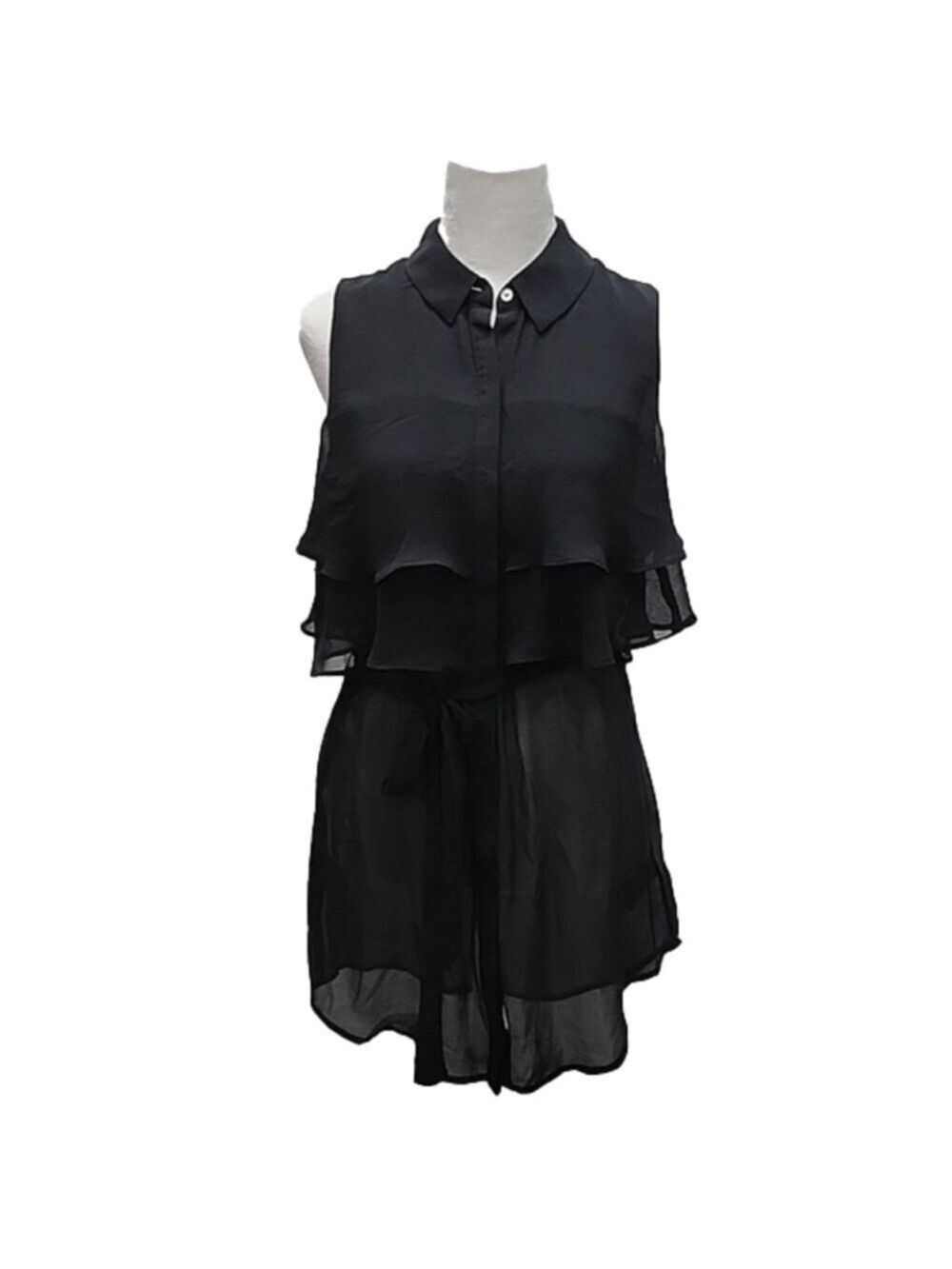 Womens shear black button down top with tying sash belt. Love 21